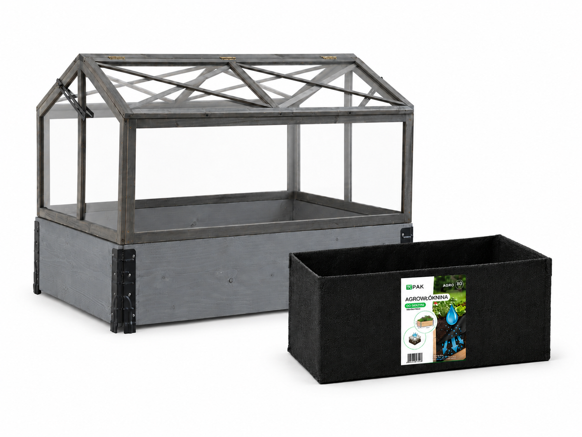 Zestaw szarej grządki podwyższonej 1200x800 + mini szklarnia AURA LUX + wkład z agrowłókniny