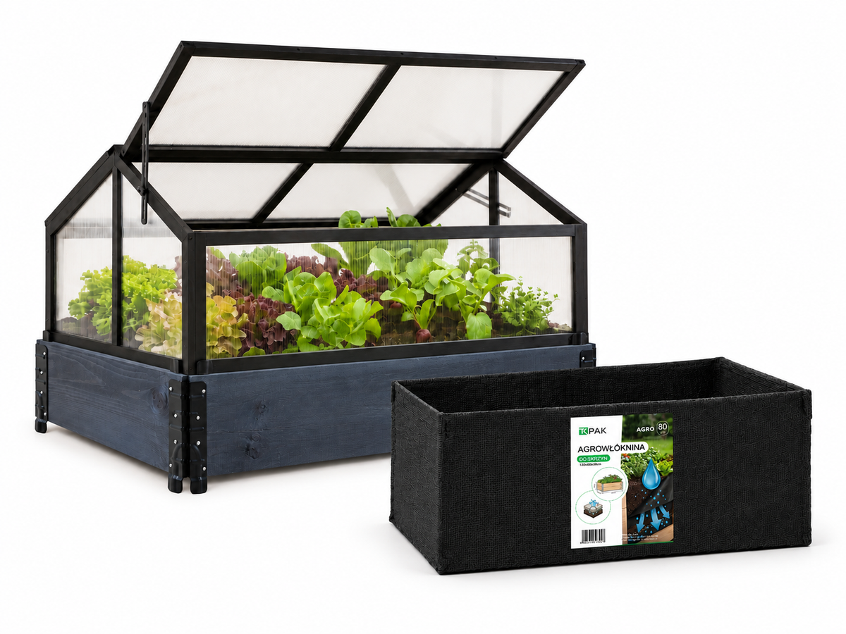 Zestaw antracytowej grządki 1200x800 + mini szklarnia ORGANIC + wkład z agrowłókniny